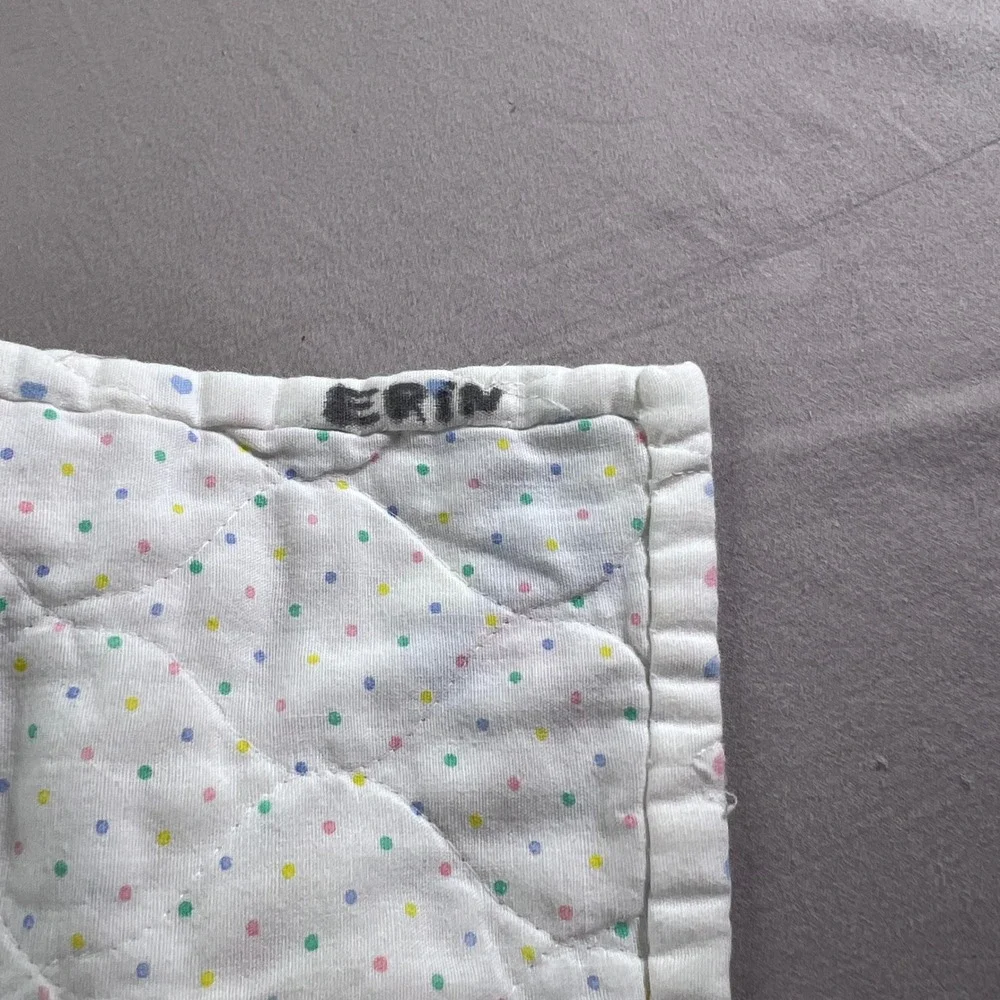 Vintage Quilted Baby Blanket Bunny Heart Balloons Polka Dot Reversible 20x30
